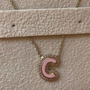 14k gold, pink enamel & sapphire necklace. LetterC
